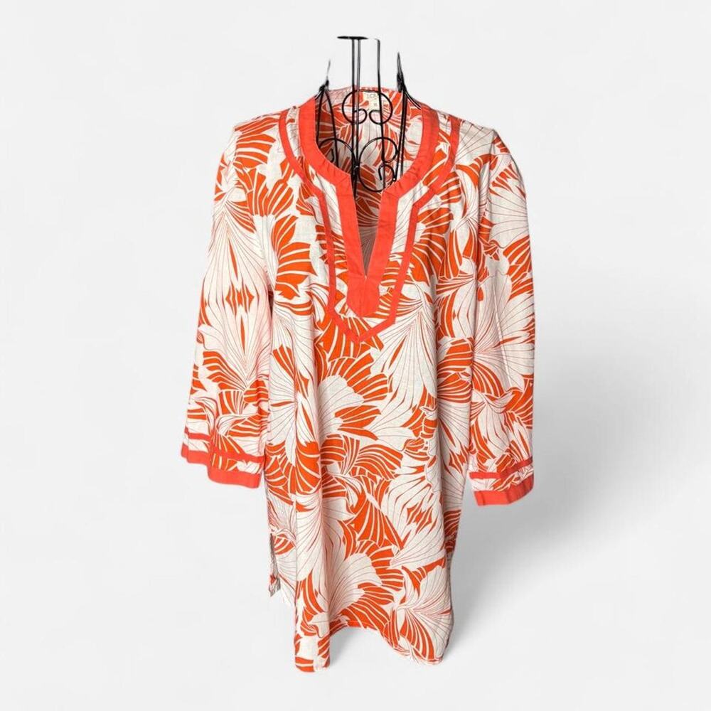 J.Crew XL Orange White Floral Graphic Tunic Dress Swim Cover Up Cotton 09503